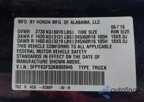 2019 Honda Ridgeline Rtl z USA, uszkodzony, nr VIN 5FPYK3F53KB008946
